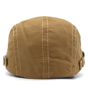 Detail of khaki flat cap back view with metal adjustable buckles and reinforced stitching