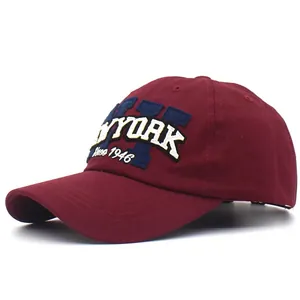Detailed close-up of premium 3D embroidery and twill cotton fabric on New York baseball cap