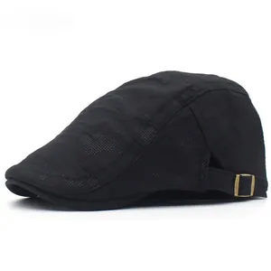 Breathable black beret flat cap with embossed texture and adjustable brass side buckle