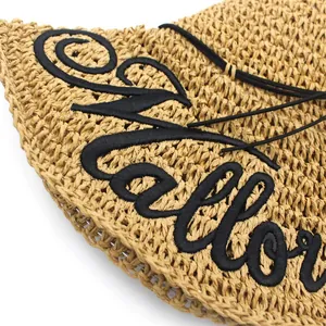 Detail of raffia sun hat showing coarse crochet weave and black Hello script embroidery