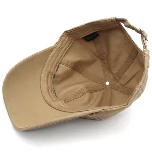 Khaki cotton maple leaf baseball cap interior view with adjustable strap and label