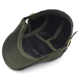 Olive green breathable cotton flat cap with mesh interior and adjustable gold buckle strap