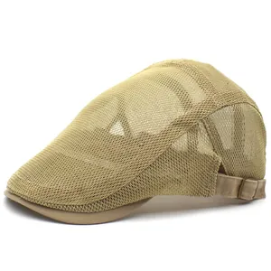 Detail view of khaki mesh beret with adjustable metal buckle and breathable texture