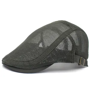 Unisex mesh flat cap in olive green with adjustable canvas side straps for summer