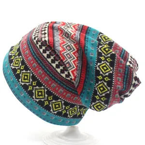 Close-up of geometric knit pattern on bohemian style multifunctional slouchy beanie hat
