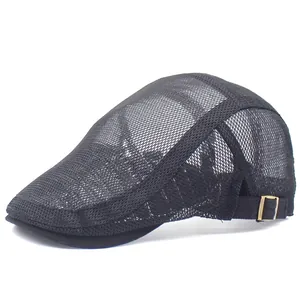 Detail of breathable black mesh flat cap with bronze metal adjustable side buckle
