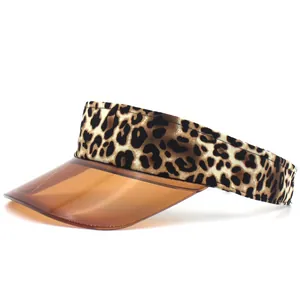 Detail of leopard print canvas and translucent brown visor on a PVC sun visor hat