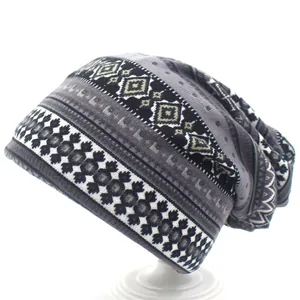 Detail of knit beanie showing gray geometric ethnic patterns and soft texture