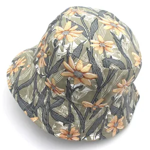 Women's vintage green bucket hat with yellow sunflower print for summer outdoor travel