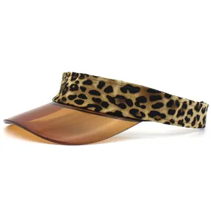Detail view of leopard print sun visor with translucent brown plastic brim and fabric band