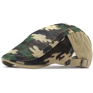 Detail of breathable mesh camouflage beret with adjustable metal buckle on back