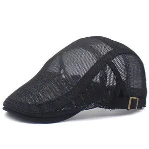 Detail of breathable mesh ivy cap featuring an adjustable bronze metal buckle at back