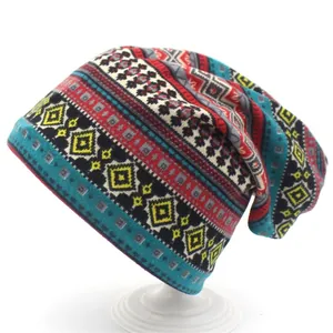 Colorful Bohemian knit beanie with geometric patterns for winter and autumn wear
