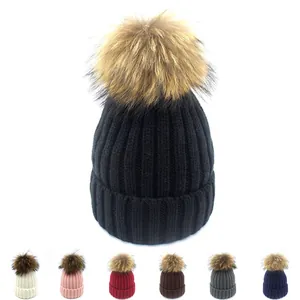 Damen Kinder Winter Warme Strickmütze Mit Waschbärfell Pompon Gestreifte Umschlagmütze Outdoor Casual Beanie Kappe