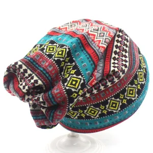Close-up of geometric jacquard knit pattern on a colorful bohemian style winter beanie
