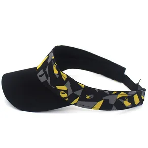 Detail of adjustable strap and geometric camo pattern on a black visor cap