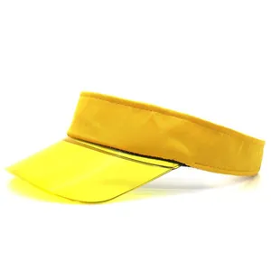 Close-up of translucent yellow PVC brim and stitched fabric band on sun visor hat
