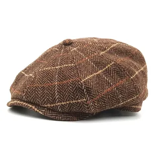 British style herringbone plaid newsboy cap in brown wool blend for autumn and winter