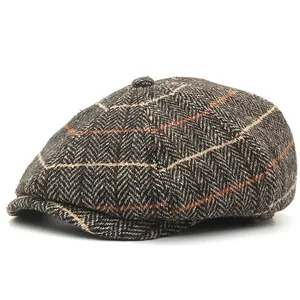 Women's British Vintage Plaid Newsboy Cap Cotton Beret Hat Retro Octagonal Baker Boy Cap For Autumn Winter Ladies Fashion Accessories
