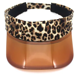 Close-up of leopard print fabric band and translucent brown PVC visor on a sun hat