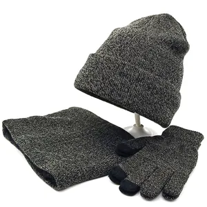 Winter set with fleece-lined knit beanie, neck warmer and gloves in black grey marl