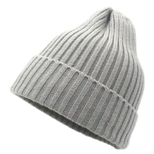 Close-up of gray ribbed knit beanie showing soft wool texture and elastic weave pattern