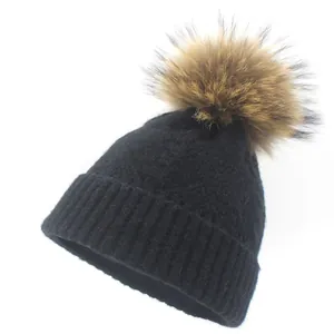 Women Winter Cable Knit Beanie Hat Thick Warm Ribbed Pom Pom Hat With Real Raccoon Fur Ball Slouchy Skull Cap Accessories