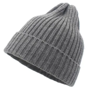 Detailed close-up of the grey ribbed knit texture on a winter beanie hat