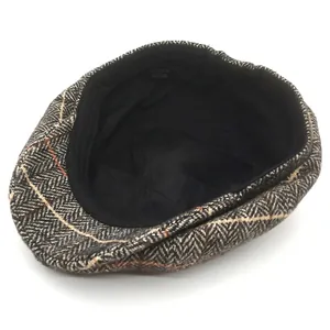 Women's wool cotton newsboy cap with vintage herringbone pattern in brown and grey