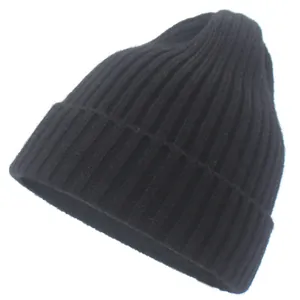 Detail of black ribbed knit beanie showing textured warm wool material and stitching