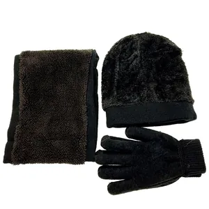 3-piece winter warm knit set with fleece-lined hat, neck warmer, and gloves in black