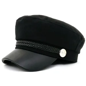 Chapeau de Gavroche Vintage Noir pour Femmes Avec Bord en Cuir Haut Plat Béret de Marine Casquette pour Automne Hiver
