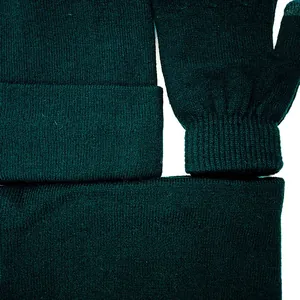 Three-piece winter knit set with thick fleece lining including hat scarf and gloves in dark green