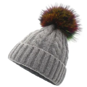 Winter Warm Wool Blend Cable Knit Beanie Hat With Colorful Faux Fur Pom-pom Parent-Child Thick Ribbed Cuff Skull Cap For Women Kids