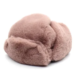 Winter faux rabbit fur trapper hat with ear flaps in dusty pink for cold weather