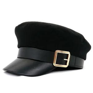 Women's Vintage Baker Boy Hat Woolen Flat Top Newsboy Cap With PU Leather Brim Black Military Style Fashion Winter Hat