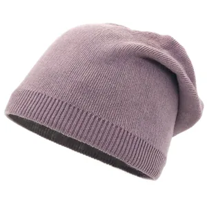 Detail shot of the lavender knitted beanie showing the ribbed texture and soft yarn fabric