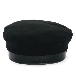 Classic black beret cap with wool felt crown and faux leather band trim for women