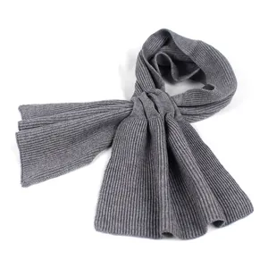 Detail shot of the vertical ribbed knit texture and soft dark grey winter scarf material