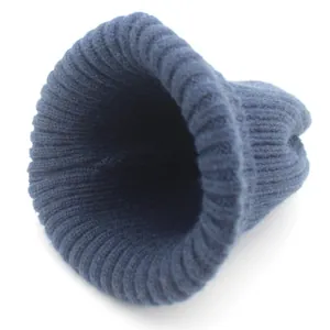 Navy blue rib-knit wool beanie for parents and kids featuring a warm vertical stripe texture