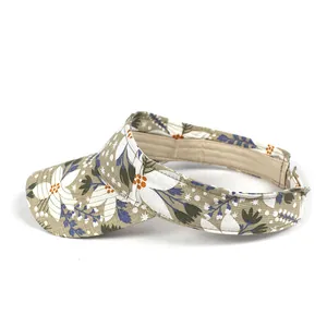 Floral print wide-brim open top sun hat for women featuring beige cotton fabric