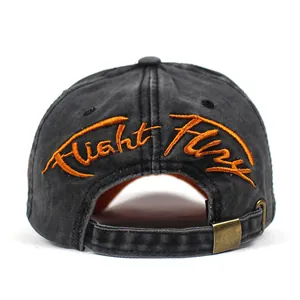 Washed cotton baseball cap with orange Flight Fury embroidery and adjustable metal buckle