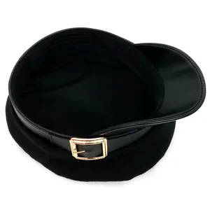 Classic black wool newsboy cap with PU leather brim and golden metal buckle decoration