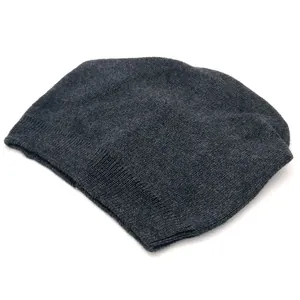 Solid color dark grey knitted beanie hat with ribbed cuff for women winter warmth