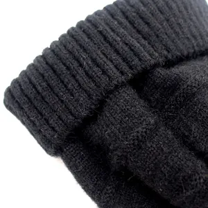 Close-up of black ribbed knit beanie texture showing warm wool blend fabric detail