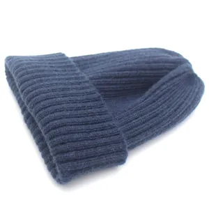 Dark blue ribbed knit beanie with thick fold-over cuff for winter warmth and style