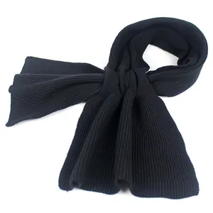 Detail of black ribbed knit scarf showing the thick textured vertical stripes and soft fabric