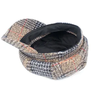 Classic checkered wool newsboy cap for women in beige and black vintage plaid pattern