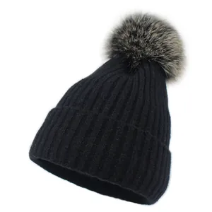 Gorro de Punto Grueso de Invierno para Mujer Con Pompón de Piel de Zorro Real Forrado de Lana Cálido para Exteriores
