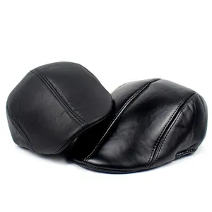 Men Vintage PU Leather Beret Hat Newsboy Ivy Flat Cap Winter Warm Outdoor Casual Fashion Headwear Matte Shiny Black Accessory